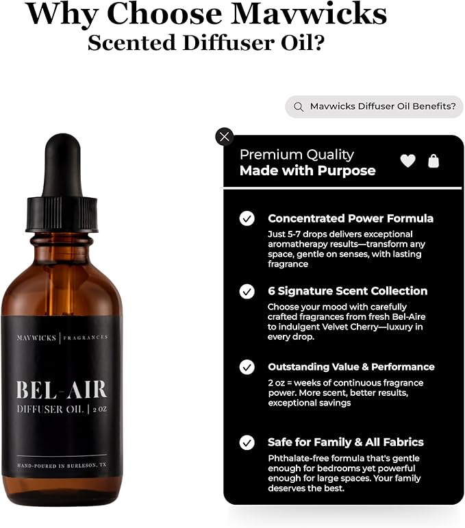 Mavwicks Fragrances Diffuser Oil (Bel-Aire) – 2oz Premium Essential Oil Blend for Aromatherapy Diffusers, Long-Lasting Luxury Home Fragrance for Living Room, Bedroom, Office, Bathroom & Hotel