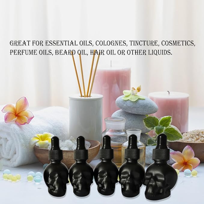 7 pcs Set 10ml Mini Skull Glass Dropper Bottle Leakproof Essential Oils Bottle for Storage and Travel (7pcs black skull bottle)
