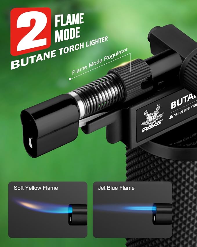 RAVS Butane Torch Lighter, DUAL Flame Mode Kitchen Torch with Adjustable Flame, Refillable Creme Brulee Torch for Baking, Cooking, Metal Body Soldering Torch, Black/Red, Butane Gas Not Included