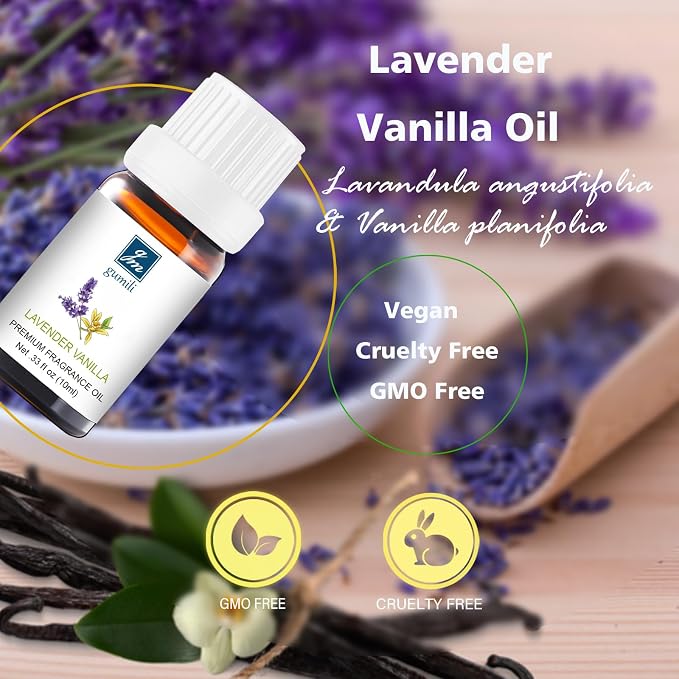 GM Gumili Lavender Vanilla Essential Oil - Pure Organic Scent for for Aromatherapy, Diffusers, Spray, Skin & Hair Care, Massage, DIY Candles & Soap, Perfume - 10mL