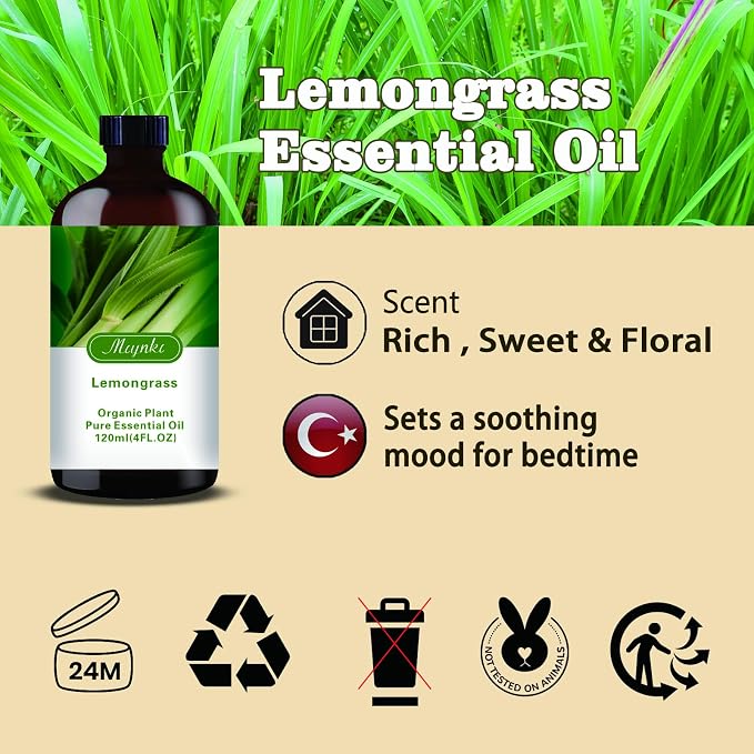 Lemongrass Essential Oil – Lemongrass Fragrance Oil for Cleaning, Diffuser, Humidifier, DIY Soap, Candle, Massage, Home, Pest Repellent, Gift Ready – MLYNKL Lemongrass Oils (4.33 fl oz / 130ml)