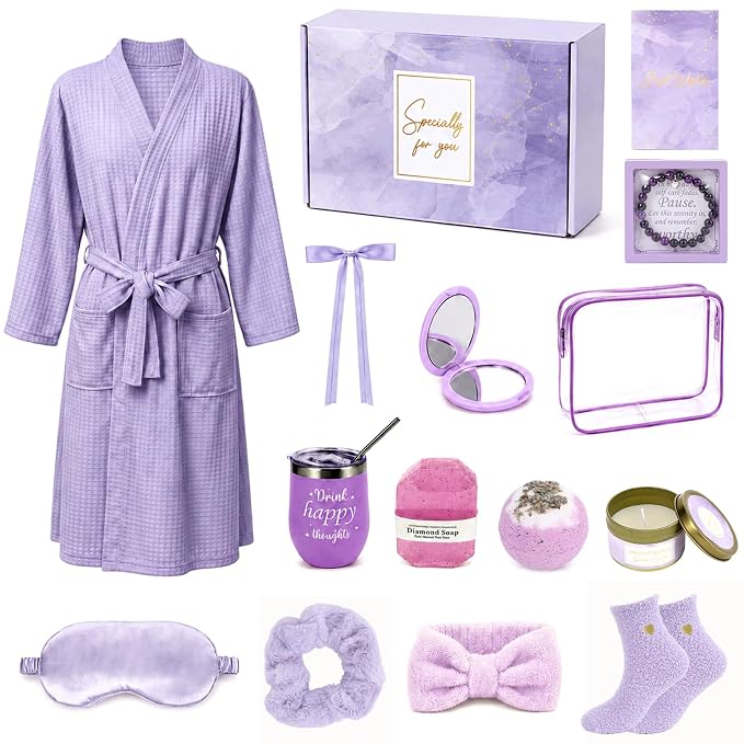 gisgfim 14Pcs Birthday Gifts for Women Spa Gift Basket Set Relaxing Home Products Self Care Kit Includes Mirror Socks Steamers Bath Robe for Women Mother's Day Her Friend Sister Wife Grandma (Purple)
