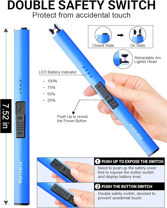 FUKKUDA Electric Candle Lighter with Safety Switch - USB Rechargeable Windproof & Flameless Plasma Arc Lighter for Easter Basket Stuffers (Sapphire Blue)
