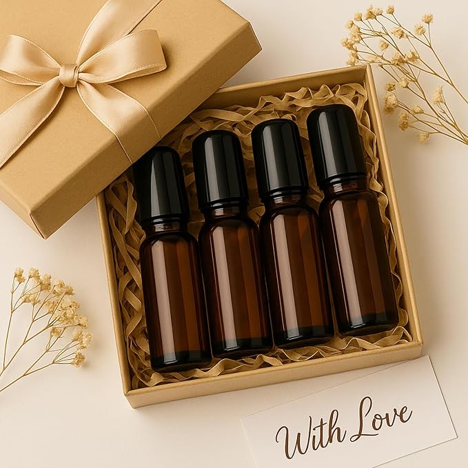 6 Packs 30ml/1Oz Amber Glass Roller Bottles with Black Caps Refillable Essential Oil Roll On Bottles Perfume Roller Containers for Aromatherapy, DIY Blends, Essential Oils