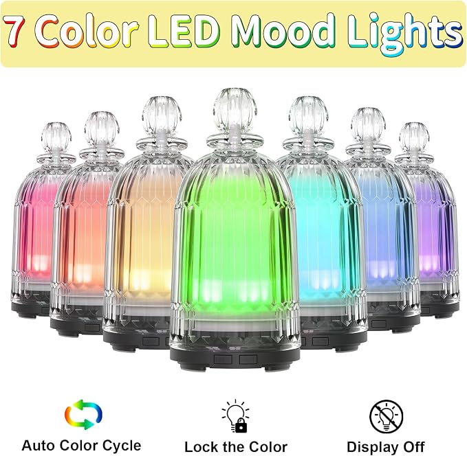 120ml Glass Diffuser, Ultrasonic Aroma Diffusers Cool Mist Humidifier with Glass Cover & Plastic Reservoir with 7 Color LED Lights, Auto Shut-Off for Office, Home, Yoga, Spa(Black Bottom)