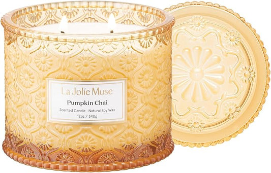 LA JOLIE MUSE Pumpkin Chai Home Scented Candle for Fall | 2- Wick Non Toxic Natural Soy | Luxury Large Jar Candle for Home | Decor Gifts for Women & Men | 12 oz