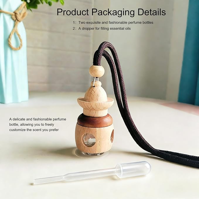 Car Air Freshener 2 Pack, Refillable Empty Glass Bottle Hanging Diffuser for Essential Oils, Car Fresheners DIY Scent, Car Accessories for Women & Men, Cute Aromatherapy Pendant Decor-A2