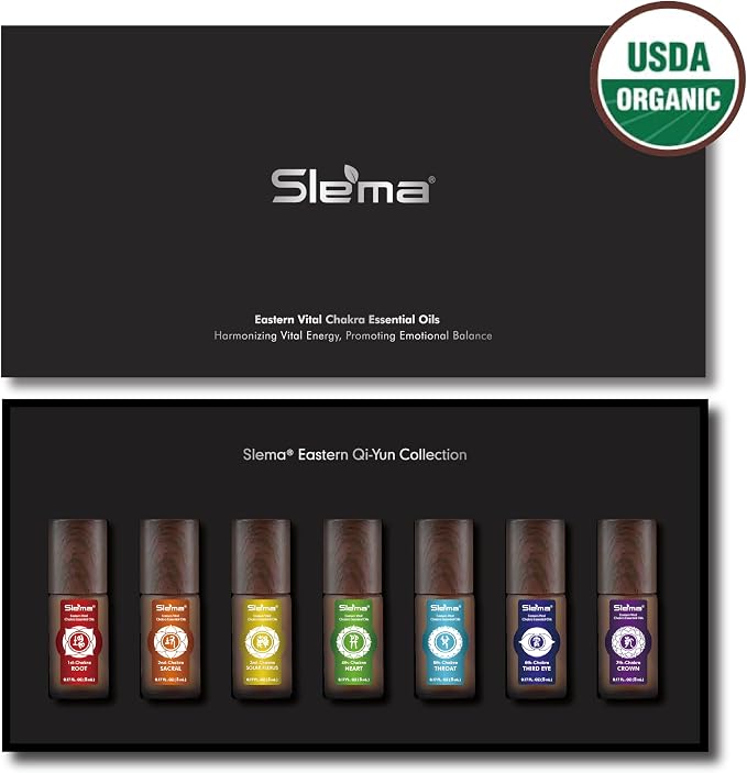 Slema 7 Chakra Essential Oil Roller Gift Set - 7x5ml with Natural Crystal & Jade Rollerballs, Plant-Based Blends for Meditation, Yoga (5mlx7)