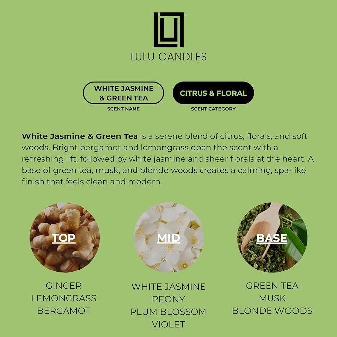 Lulu Candles | White Jasmine & Green Tea | Luxury Scented Soy Jar Candle | Hand Poured in The USA | Highly Scented & Long Lasting (9 Oz. 2 Pack)