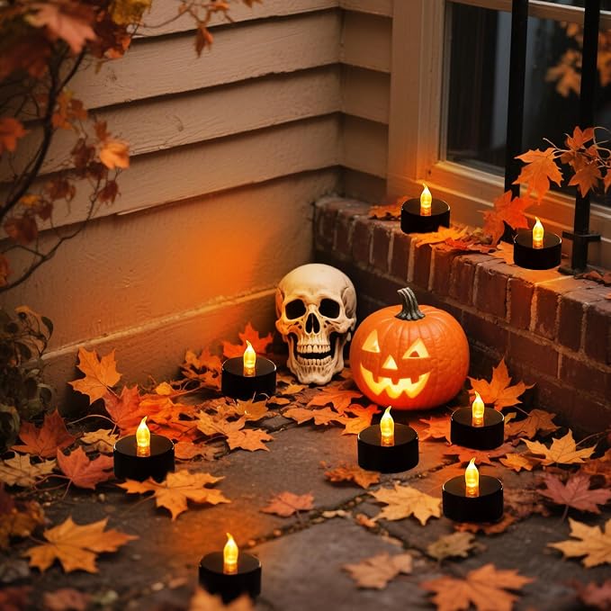 Tea Lights Battery Operated Candles LED Tea Lights Flameless Candles 200+ Hours Flickering Fake Tealights for Halloween, Christmas Home Table Decor(Black, 24 Pack)