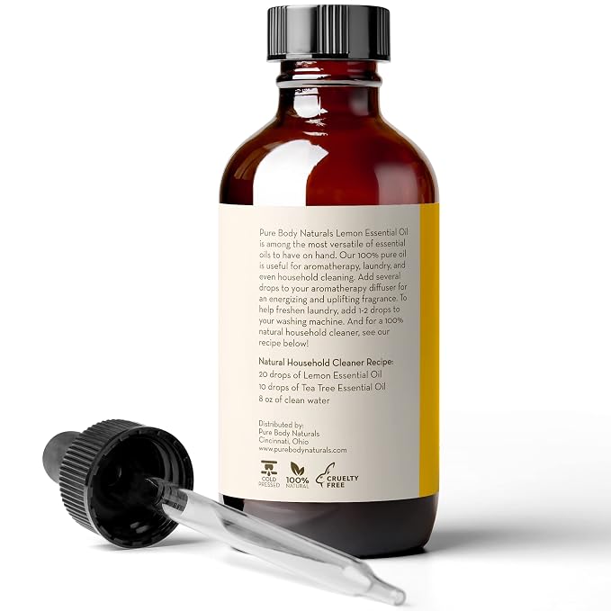 Pure Body Naturals Lemon Essential Oil, 4 fl oz - 100% Pure & Undiluted Lemon Oil for Diffuser and DIY - Natural Deodorizer, Laundry Freshener, Household Cleaner and Degreaser