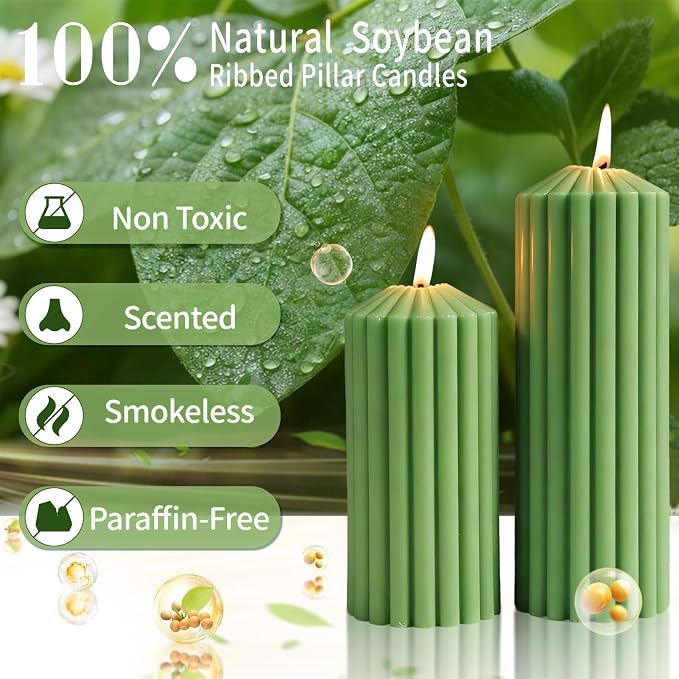 Citronella Candles for Patio, Set of 3 Ribbed Sage Green Pillar Candles for Summer Outdoor,Soy Wax Modern Boho Home Decor Pillars,Aesthetic Candle Gift Set for Garden and Indoor Use