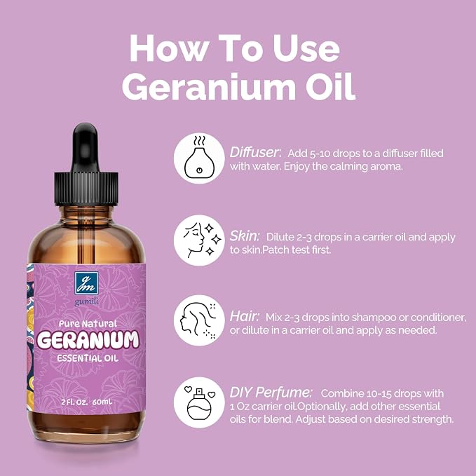 GM Gumili Geranium Essential Oil 2 Oz, Pure Geranium Oil for Skin, Hair, Diffuser, DIY Projects