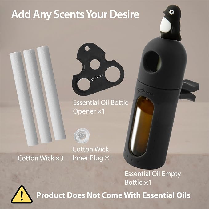 BONE Car Diffuser Clip 2, Essential Oil Diffuser with Vent Clip, Washable Silicone Air Freshener for Car Fragrance, Cute Character Aromatherapy Accessory for Auto Perfume & Decoration (Maru Penguin)