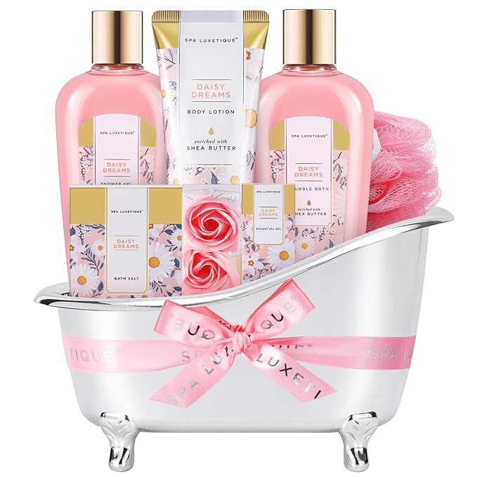 Self Care Gifts for Women, Spa Luxetique 8pcs Daisy Bath and Body Gift Baskets for Her, Bath Set with Bubble Bath, Lotion, Mothers Day Gifts for Mom