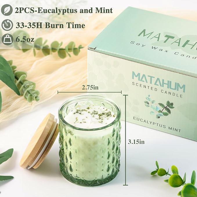 MATAHUM 2 Pack Eucalyptus & Mint Scented Candles for Home Decor, 6.5oz Natural Soy Wax Aromatherapy Jar Candles, Eucalyptus and Mint Candle for Relaxing, Birthday Housewarming Giftable for Women