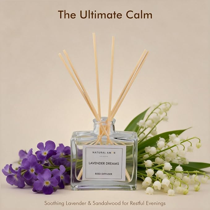 Natural Amor Lavender Reed Diffuser Set, 3.38 fl oz Scented Diffuser with Sticks Home Fragrance Reed Diffuser for Bathroom Shelf Bedroom Living Room