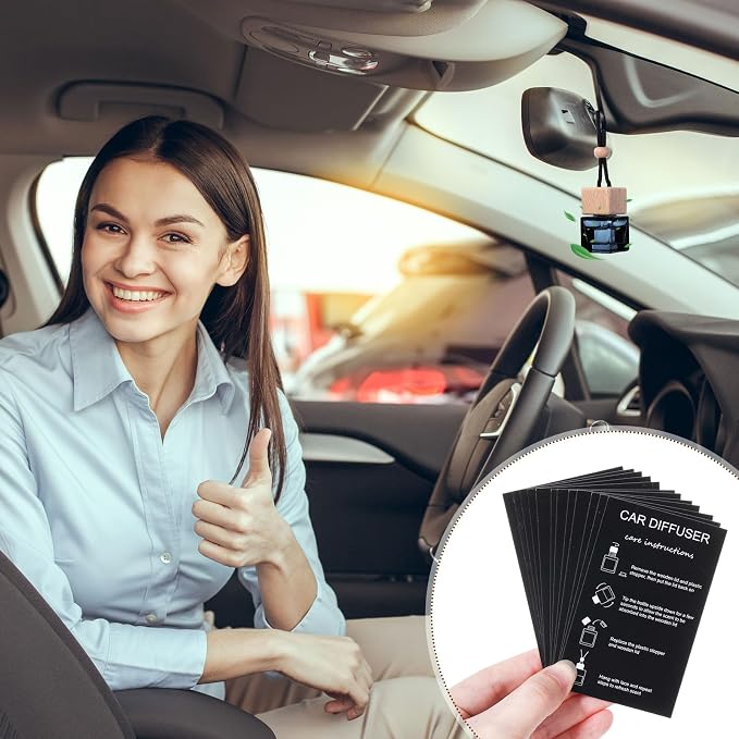 Boao 50 Sets Hanging Car Air Freshener Diffuser Bottles with 2 x 3.54 Inch Car Diffuser Instructions Cards for Empty Essential Oil Bottles(Black Card,Black Square)