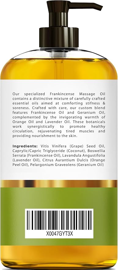 Frankincense Massage Oil – 100% Pure & Natural - Massage Therapy Oil for Soreness & Stiffness – Stretch Marks and Scars Body Oil Infused with Frankincense Essential Oil and Geranium Oil – 8 FL OZ