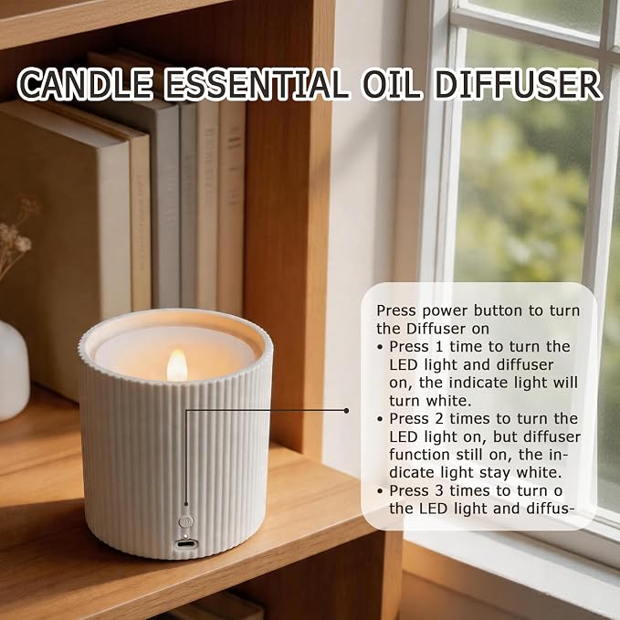 Non-Rechargeable 2 in 1 LED Candle Waterless Diffuser and 3D Wick and Realistic Flame Candle,Flameless Candle Diffuser,Waterless Essential Oil Diffuser with 12PCS Cotton Pads(Connect USB Line Use)