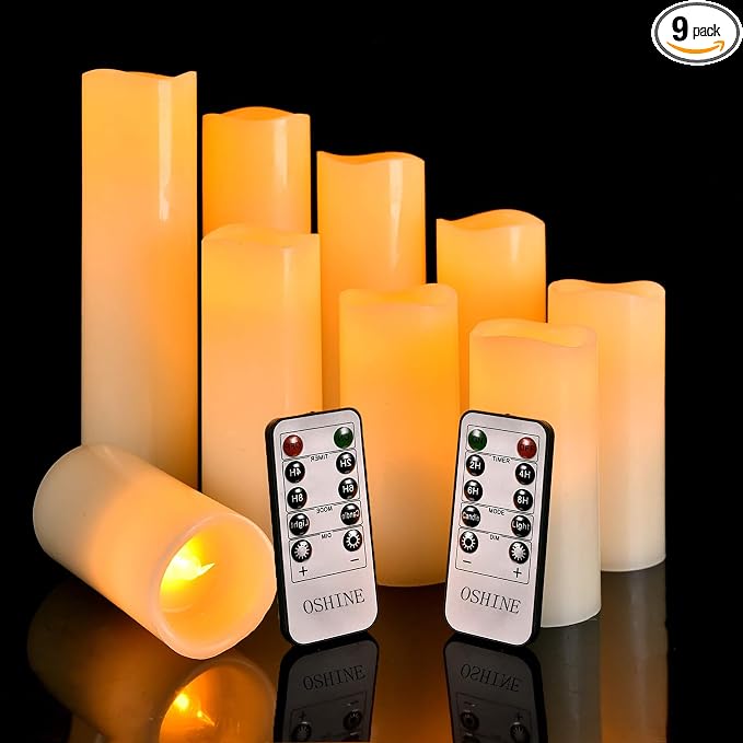 OSHINE Flameless Battery Operated Candle, LED - Set of 9 Flickering Pillar with 10-Key Remote & 24 Hours Timer, Ivory Real Wax Candles for Home Decor