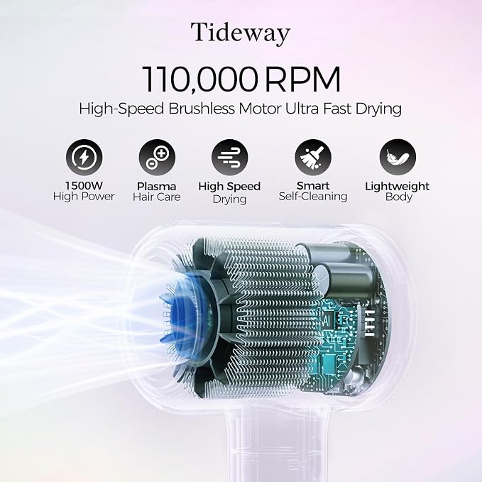 Tideway Hair Dryer Professional High-Speed Ionic Blow Dryer 110,000 RPM, Compact Hair Dryer with Magnetic Diffuser, Fast Drying with Brushless Motor Low Noise Smart Temperature Control-H11