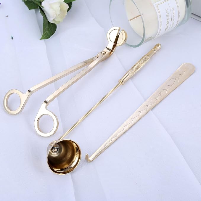 MUXSAM 3 in 1 Candle Tools Candle Accessory Set - Candle Snuffer, Candle Wick Trimmer, Candle Wick Dipper - Candle Cutter Candle Maintenance Kit Gift for Candle Lover(Gold)