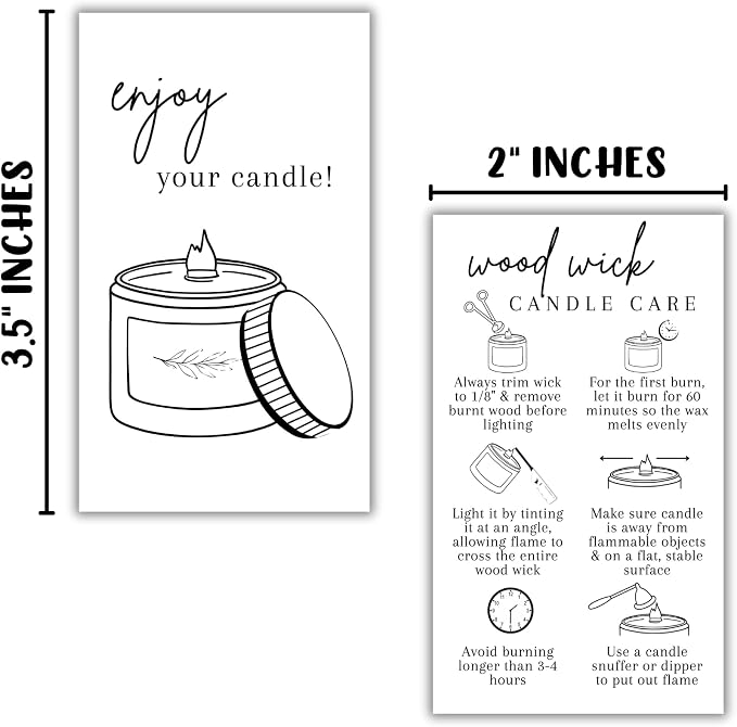Wooden Wick Candle Care Instruction Cards 50pk 2x3.5” Wood Burning Custom Warning Label How To Cut Wick for Customers Thank You Cardstock
