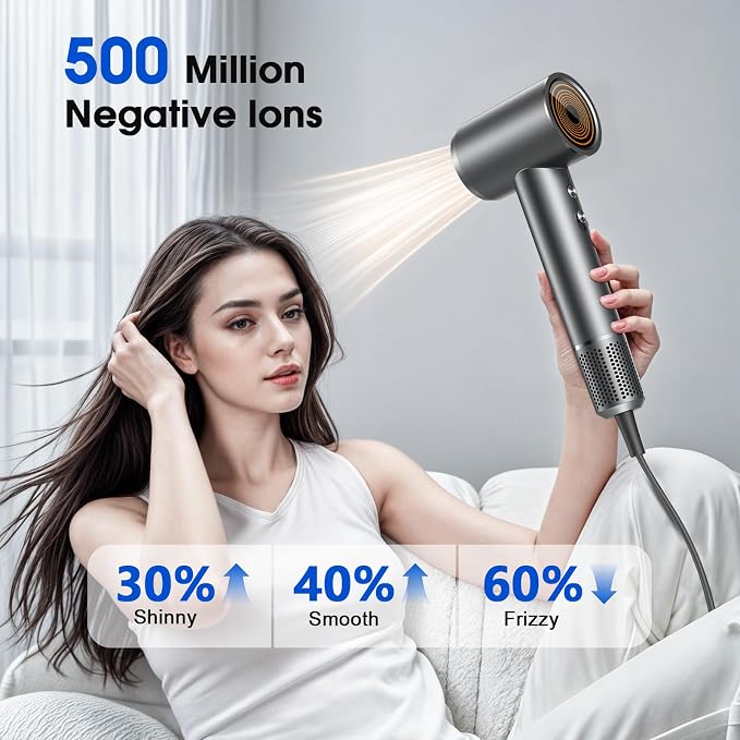 High-Speed Hair Dryer, 150000RPM Brushless Motor for Ultra-Fast Drying, 500M Ionic Negative Blow Dryer for Frizz Reduce, Low Noise Hair Blow Dryer with Magnetic Diffuser for Home Travel Salon