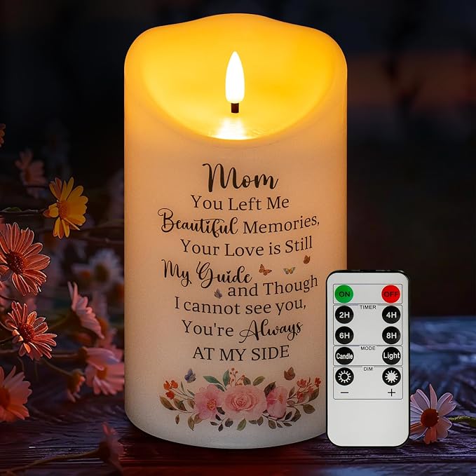 Memorial Candle, Real Wax LED Light with Remote Control, Sympathy Gift for Loss of Loved One or Mother, 4" x 7"