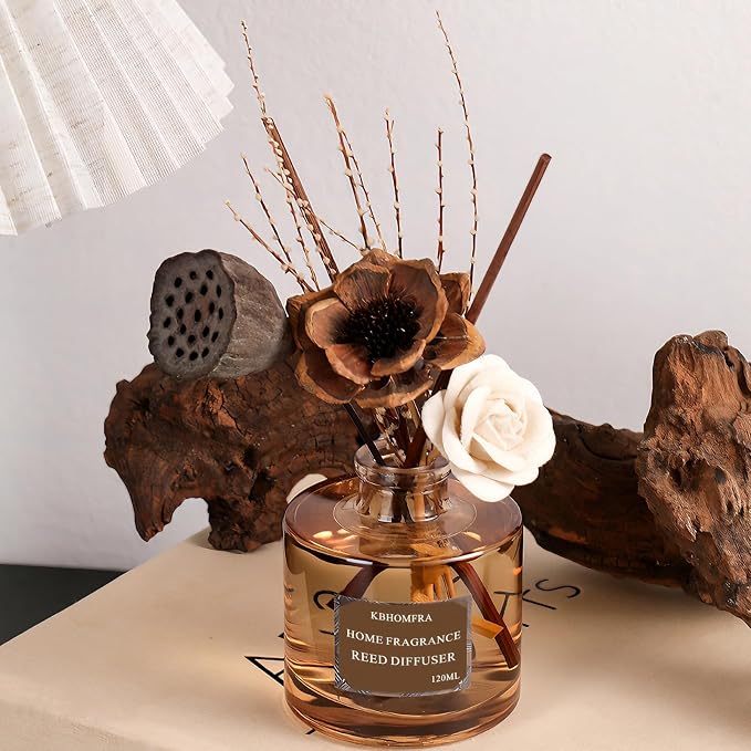 Reed Diffuser with Dried Flowers, Jasmine Cedar Sandalwood Scent, 4.06 fl oz, Glass, 120ml, Long Lasting Home Fragrance