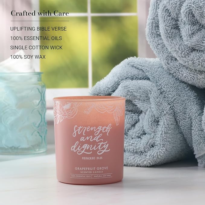 Christian Art Gifts Soy Wax Scented Candle: Strength & Dignity Bible Verse, Grapefruit Grove Scent, Pure Essential Oils, 4.5 oz, Up to 20 Hours Burn Time, Glass Jar w/Bamboo Lid, Encouragement Gift