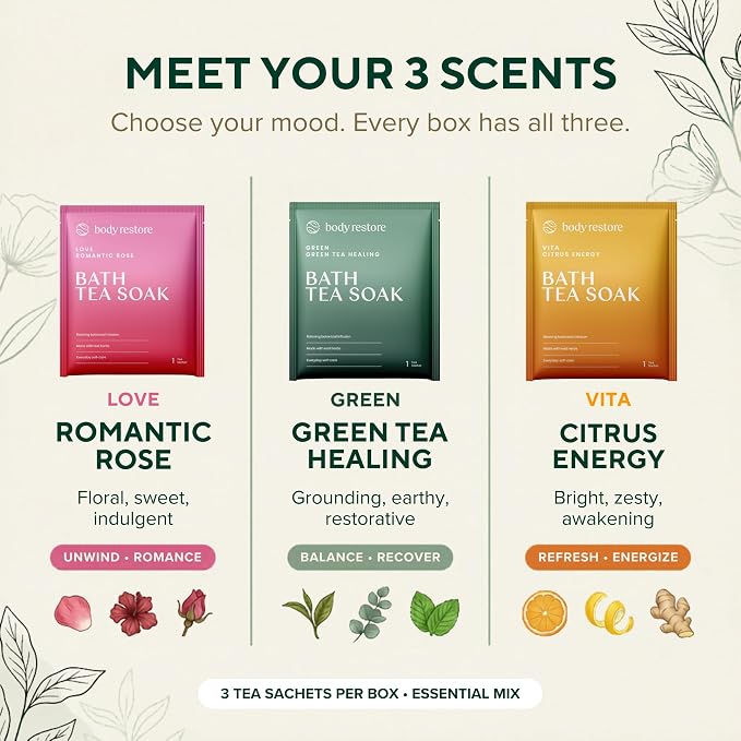 Body Restore Bath Tea Soaks Gift Set – Spa Gifts for Women, Mom, Wife & Self Care Lovers – Relaxing Botanical Bath Sachets for Stress Relief & Hydrated Skin – Essential Mix (3 Pack)