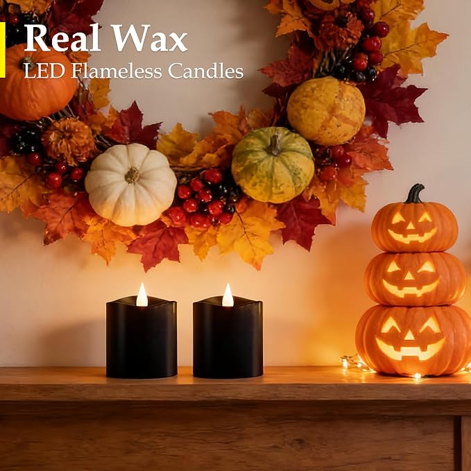 Black Flameless LED Candles, Black Battery Operated Candles with Remote Timer, 3"x3" Real Wax 2-Pack, 3D Flickering Flame Last 600+ Hours, Ideal for Halloween Christmas Gothic Home Decor