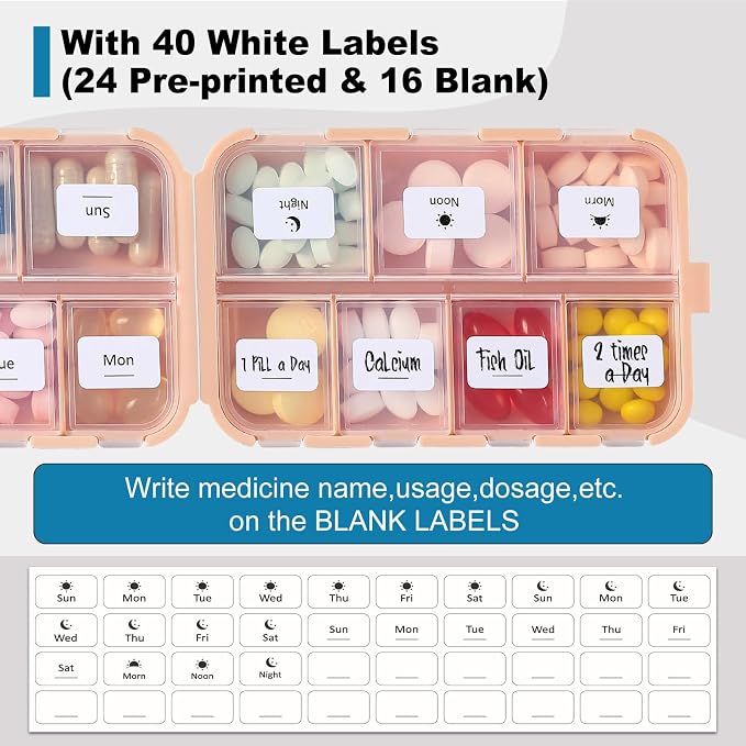 14 GRIDS Travel Pill Organizer Box with Labels - Travel Medicine Case Kit - Pocket Daily Pharmacy Container - Travel Medication Holder Dispenser for Fish Oil Vitamin Supplement Storage - Pink