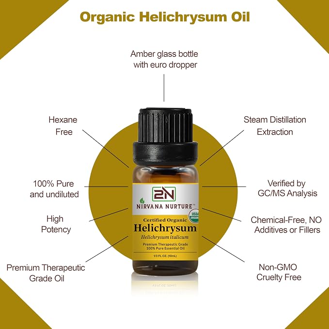 Helichrysum Essential Oil, USDA Certified Organic, 100% Pure Undiluted, Aromatherapy Oil for Diffuser, Hair & Skin Care