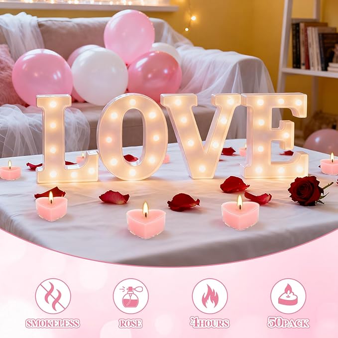 Valentine's Gift 50 PCS Heart Shaped Tea Light Candles, Rose Scented 4-Hour Burn Smokeless Tealights for Valentine's Day, Wedding Anniversary, Proposal&Romantic Decorations.