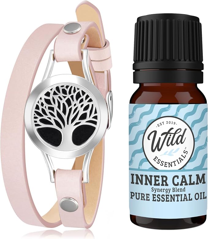 Wild Essentials Pink Tree of Life Diffuser Wrap Bracelet Kit – Adjustable 5"–7.5" Leather + 316L Stainless Steel Locket, 12 Color Pads (17mm) – Includes Inner Calm (1 x 10ml)
