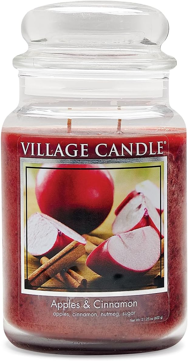 Village Candle Apples & Cinnamon Large Apothecary Jar, Scented Candle, 21.25 oz.