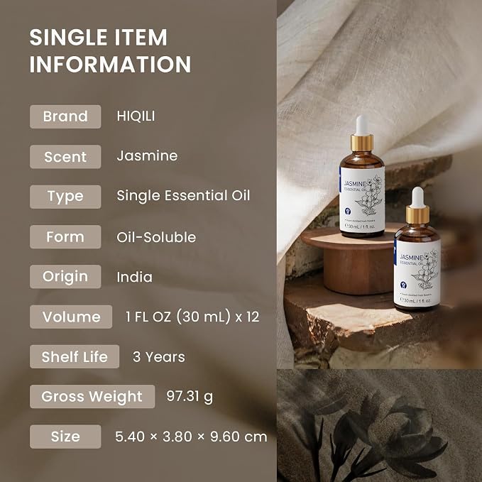 HIQILI Jasmine Essential Oil Set - 1 fl oz (12 Pack), Bulk Wholesale for Business, Skincare & Diffusing & DIY, for Spa & Sauna, Hotels & Homestays, Beauty Salons, Gift & Home Use