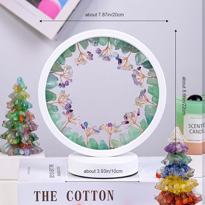 Runyangshi Natural Crystal Green Fluorite Small Tree Round White Frame Tri-Color Ambient Light Home Decoration Night Light Gift for Women