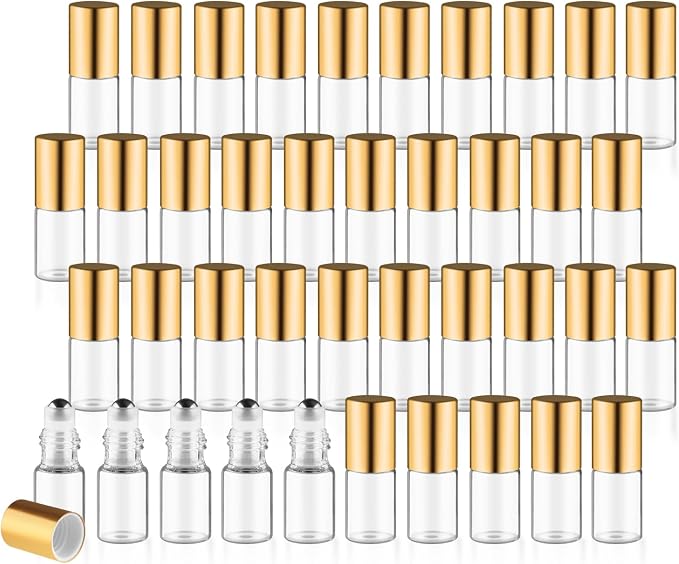 40 Pcs Essential Oils Roller Bottles Small Refillable Glass Perfume Bottles Sample Vials with Roller Balls & Gold Lids for Travel Cosmetic - 3ml