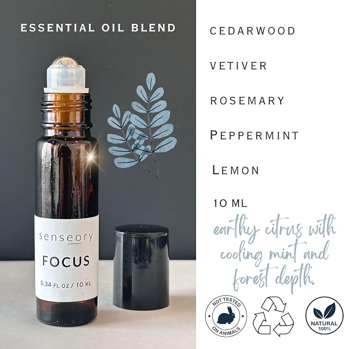 Focus Essential Oil Roll-On – Cedarwood, Vetiver, Rosemary, Lemon & Peppermint Blend – Natural Aromatherapy for Mental Clarity, Concentration & Productivity – 10ml Roll-On