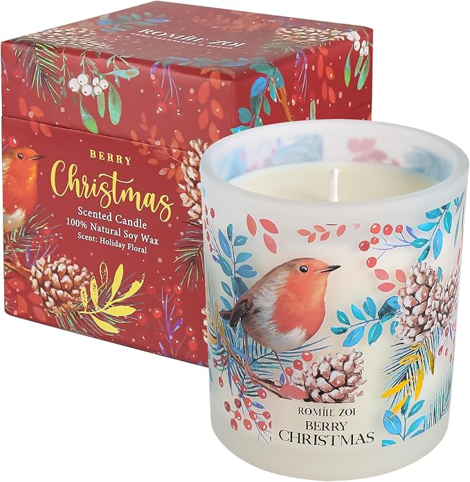 ROMIIE ZOI Scented Jar Candle - 6oz Soy Wax - Berry Christmas Infused with Holiday Floral Aroma - Keepsake Box Special for Holiday Gifts