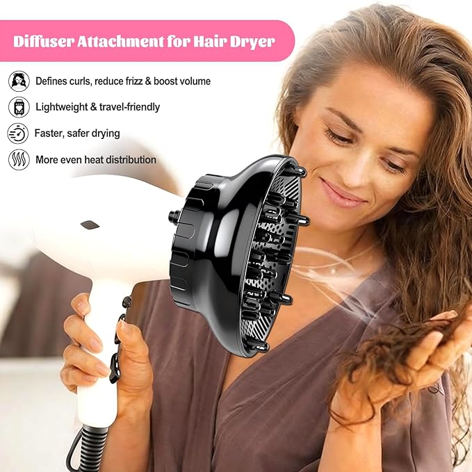 Universal Hair Diffuser for 1.4"-3.1" Blow Dryers, Diffuser Hair Dryer Attachment, Professional Hair Diffuser for Curly Wavy Long Thick Hair, Reduces Frizz & Defines Curls, Home/Travel Use, Black