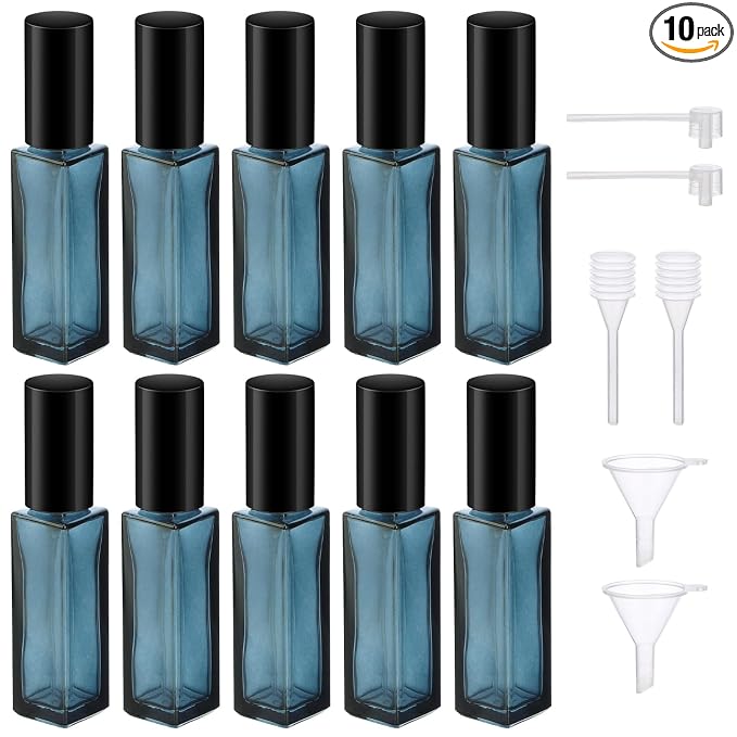 Segbeauty Refillable Perfume Bottles, Set of 10 Glass Mini Perfume Atomizer with Lid, 10ML Travel Small Toiletries Sample Bottle Fine Mist Sprayer, Square Pump Dispensing Containers Perfume Making Kit