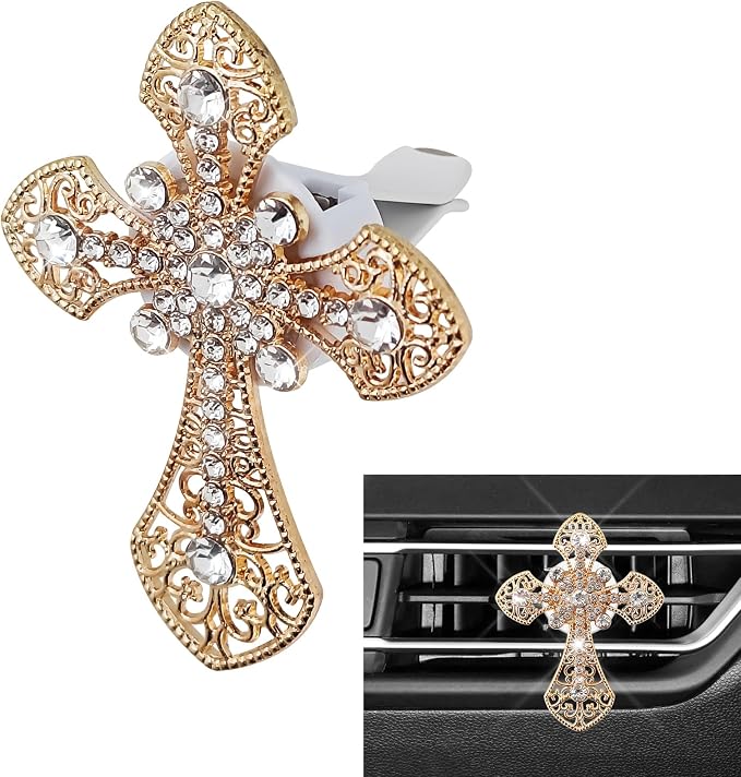 Bling Car Air Vent Clip, Crystal Cross Car Air Fresheners, Rhinestone Vehicle Air Conditioner Outlet Diffuser Vent Clip, Bling Car Interior Accessories Fit for Women and Man (Gold, Style 1)