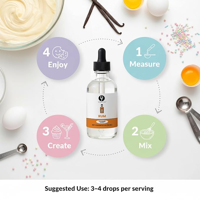 Dolce Flav Natural Rum Extract – 2 Ounce Water-Soluble Kosher, Sugar-Free, Concentrated Dark Rum Flavoring for Baking, Cocktails & Desserts, Includes Measured Dropper