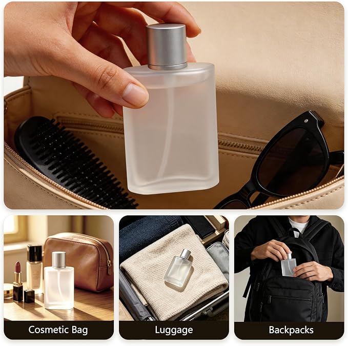 Refillable Frosted Glass Spray Bottle, 100ml 3.4oz | Fine Mist Perfume Atomizer, For Essential Oils, Travel, Makeup, Empty Container, Includes Funnel Filler & Dropper