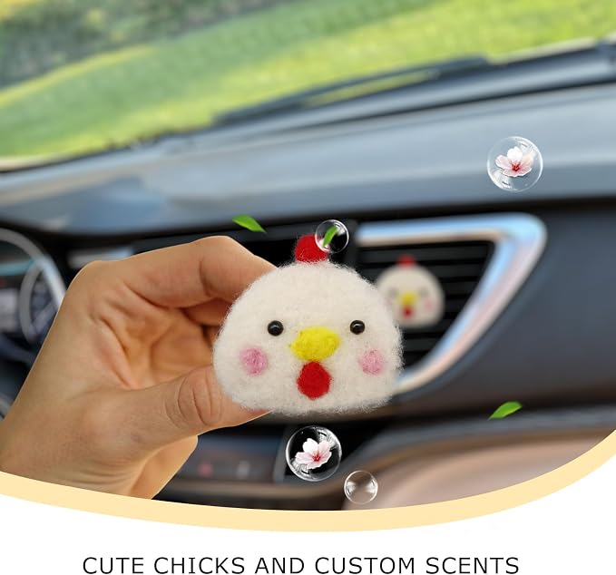 ORIESSE Chick Air Vent Clips Car Air Freshener,White Chicken Car Decor for Women Teens,Wool Felt Girly Accessories,Refillable Essential Oil Diffuser